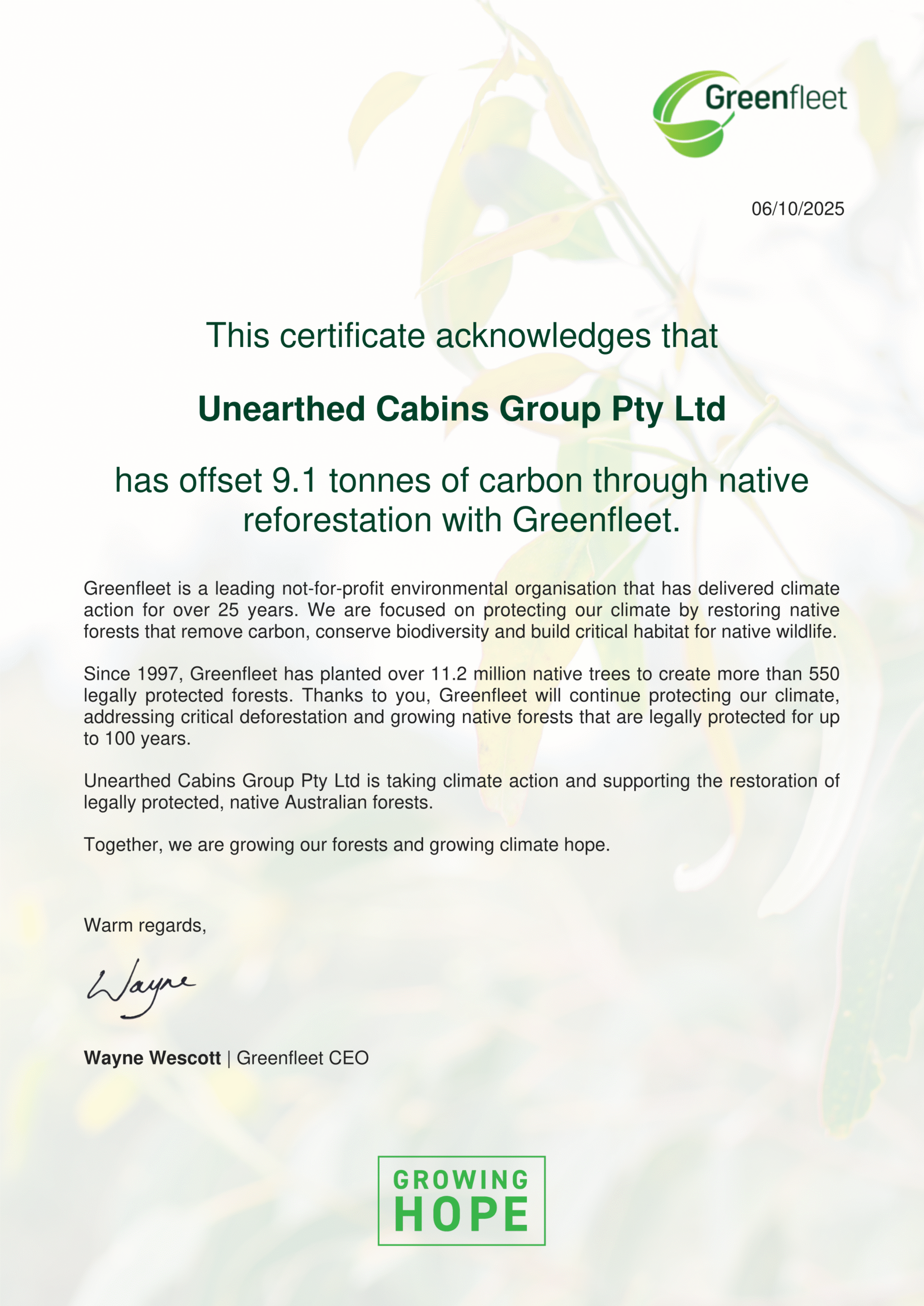 Unearthed Cabins greenfleet offset