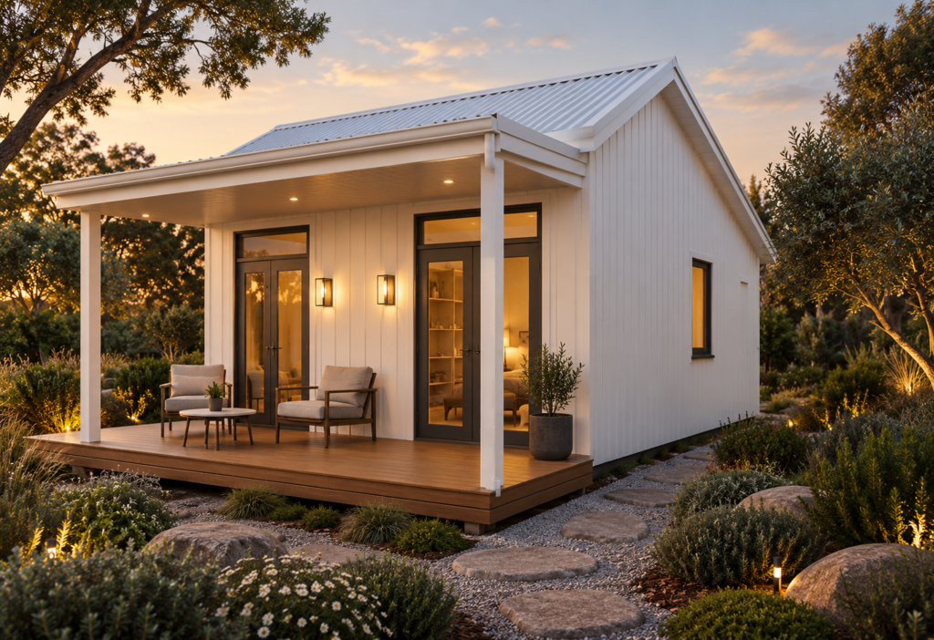 white cedar gable roof & roofed deck